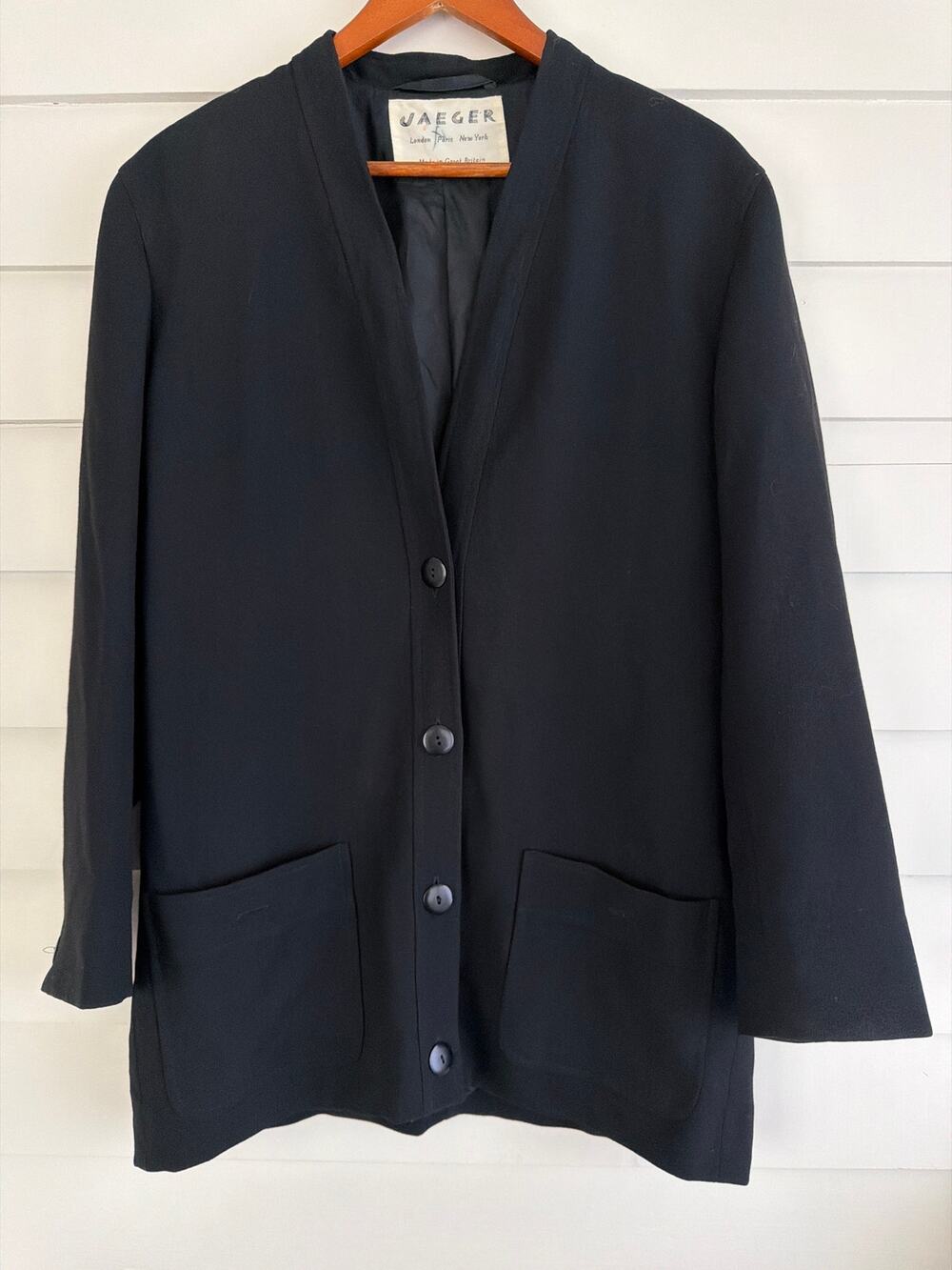 Vintage Jaeger Black Wool Crepe Blazer Jacket Minimalist Modernist Dark Academia